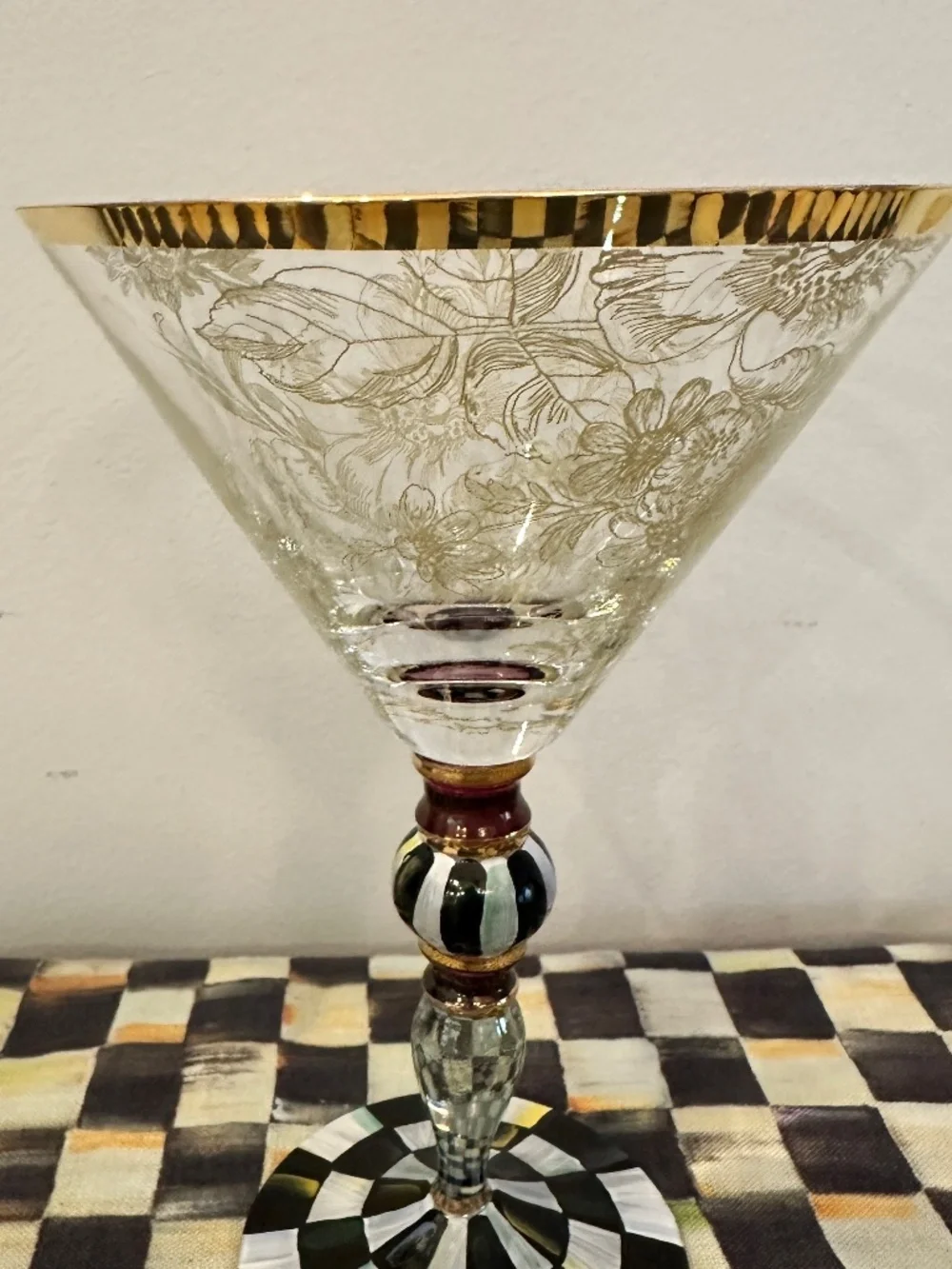 New Mackenzie Childs BLOOMING COURTLY CHECK Martini Floral Glass 8.25